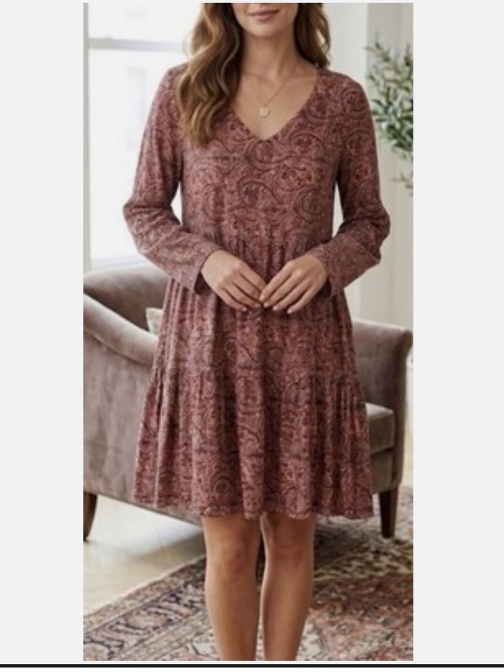 Lucky Brand Babydoll Long Sleeve Paisley Swing Dress in Dusty Rose